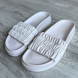 Jonathan Simkhai White Ruched Platform Flat Slide Sandals, Size 8.5, EU 39